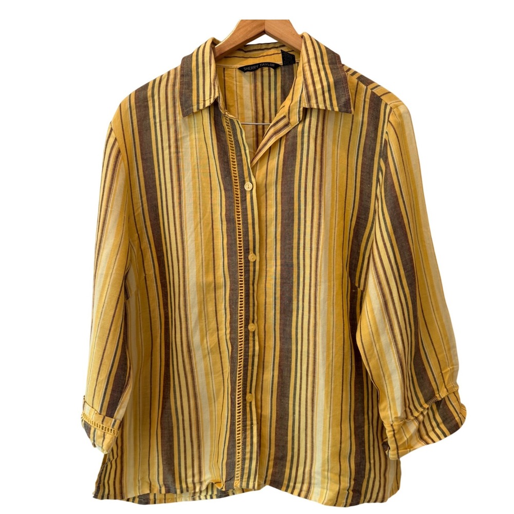 Sherry Taylor Yellow Striped Ramie Rayon Button Down Shirt‎ Womens XL 3/4 Sleeve